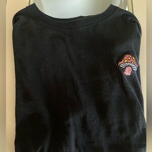 Black Graphic Tee with Mushroom Embroidery